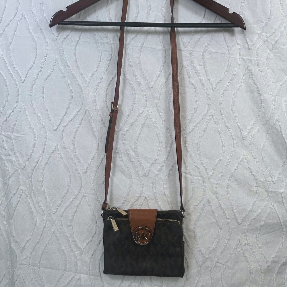 Michael Kors MK Crossbody Purse Wallet Bag Brown Monogram Leather Gold Trim